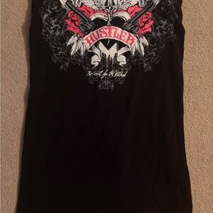 Hustler Hollywood Black and Pink Graphic Tee with lace up back